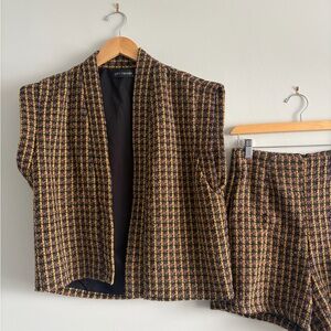 LOFTY MANNER - Women's Tweed Vest and Shorts Set - Brown and Black